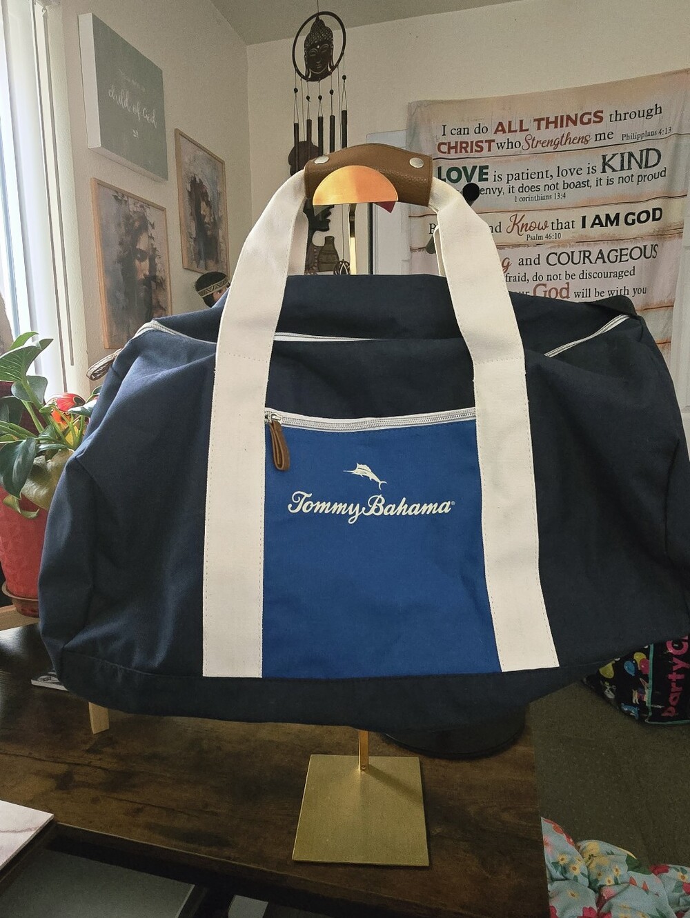 Tommy Bahama Navy and Blue Duffel Bag with White Straps